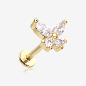 Golden Brilliant Sparkle Butterfly Prong Gem Top Flat Back Stud Labret-Clear Gem